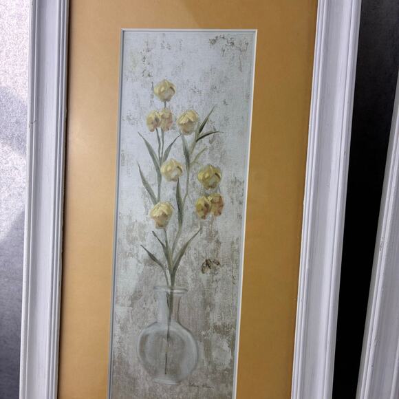 Cheri Blum Yellow Tulips in Vase Painting White Framed 9x18 Cracked Linen Set 2 - Picture 5 of 9